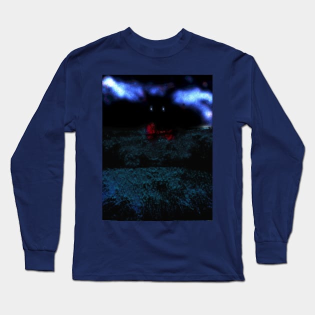 Digital collage and special processing. I am standing in field, and big, dark monster looking on me. Aquamarine, blue and red. Long Sleeve T-Shirt by 234TeeUser234